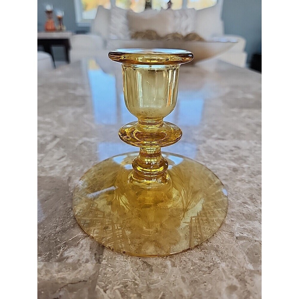 Amber Depression Glass Votive Holder With Etched Pattern